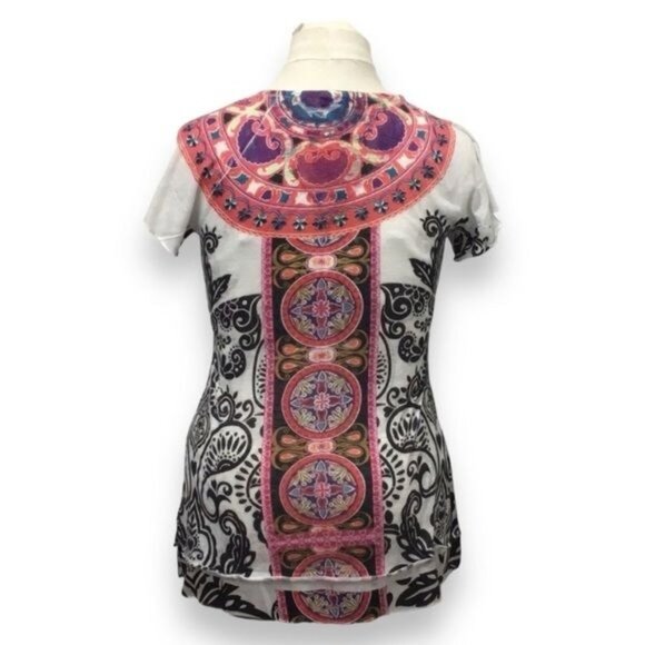 One World Women’s Short Sleeve Deep V Paisley Boho Top, White, size M - Picture 4 of 10